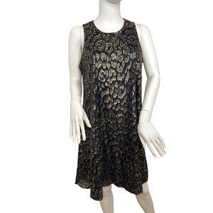 Calvin Klein Dress 8 Black Gold Metallic Leopard-type pattern A-line Round Neck
